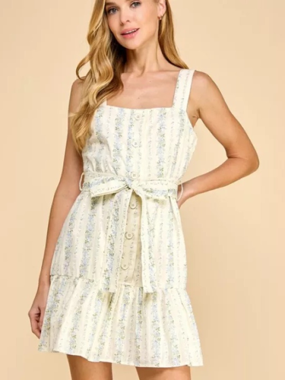 TCEC Cream Floral Tie-Waist Mini Dress